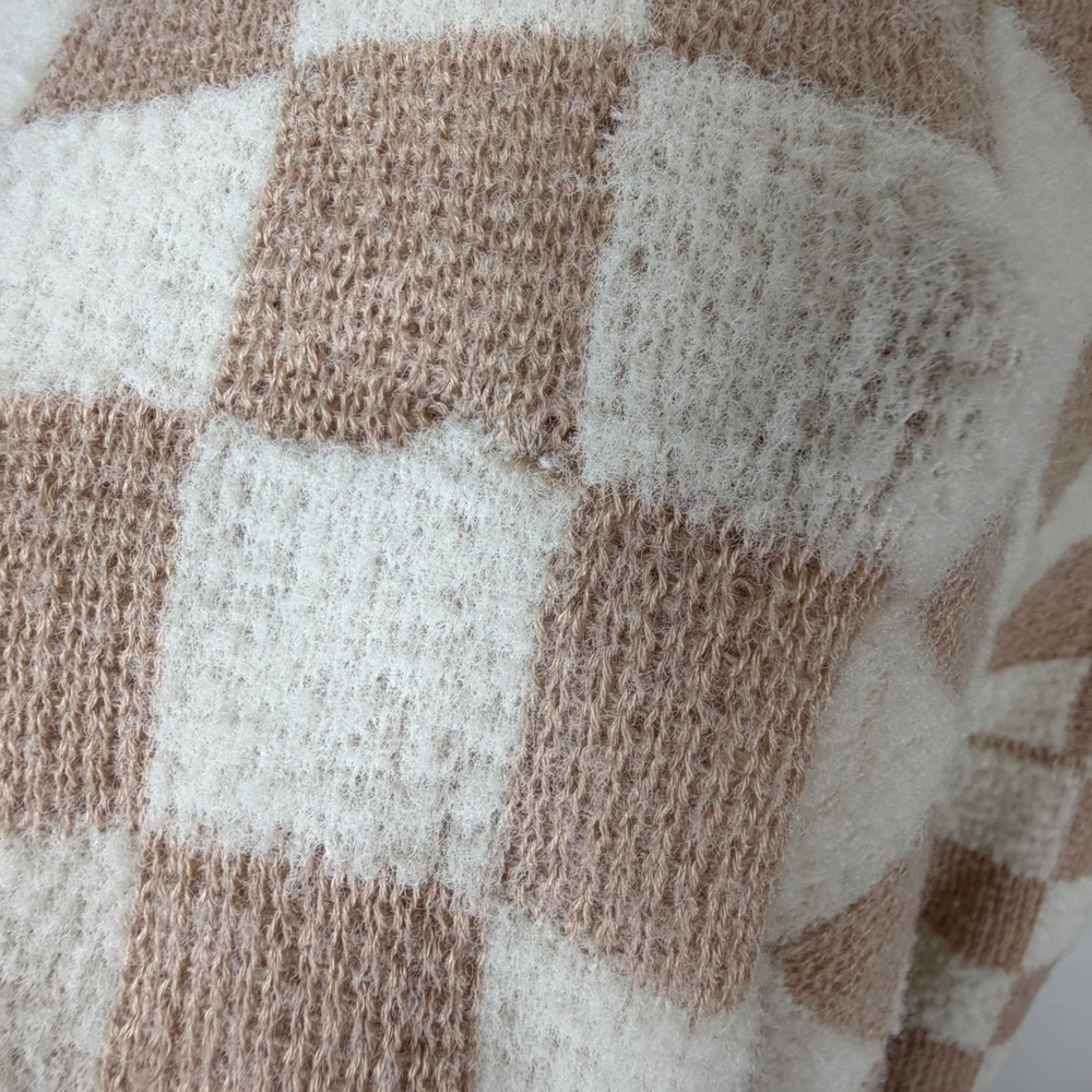 Debut Small Checkerboard Knit Sweater Tan Cream Y2K Indie Skater Pullover - Picture 2 of 7